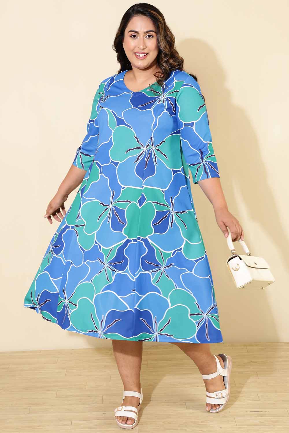 Plus Size Blue Green Abstract A line Dress