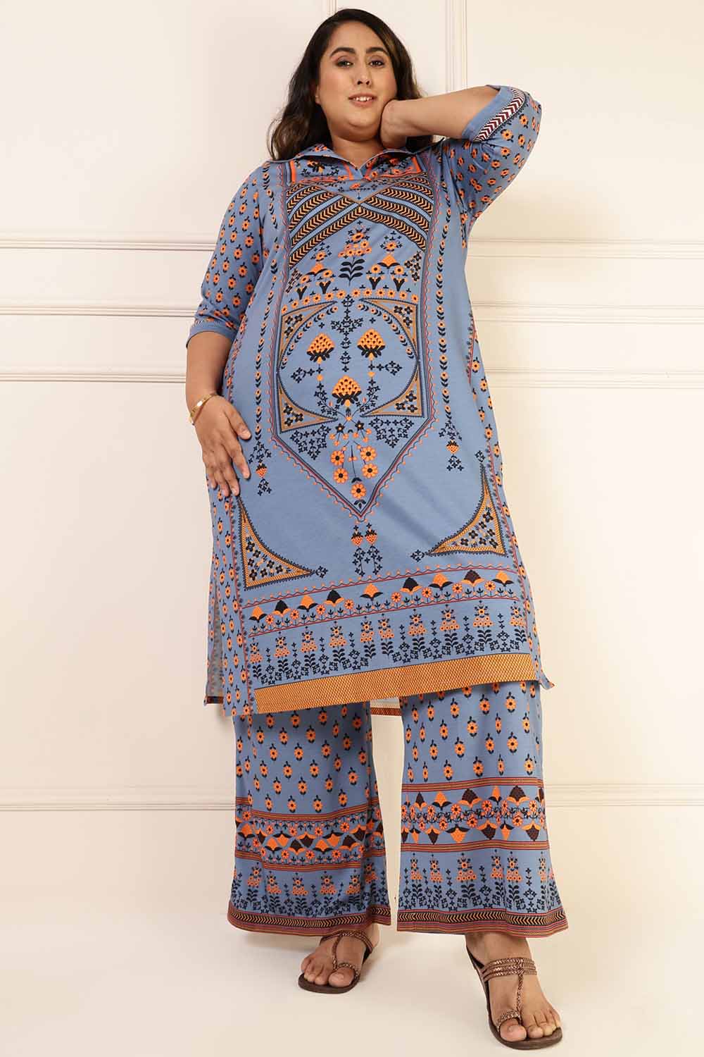 Plus Size Powder Blue Ethnic Print Coord Set