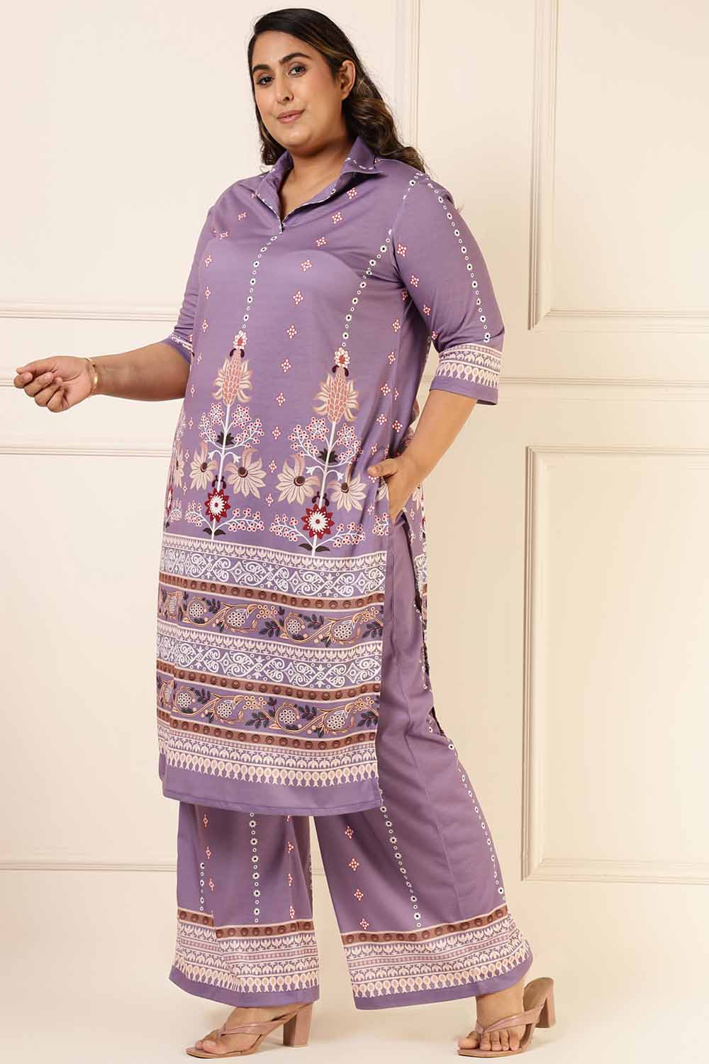 Plus Size Plus Size Lilac Ethnic Print Coord Set