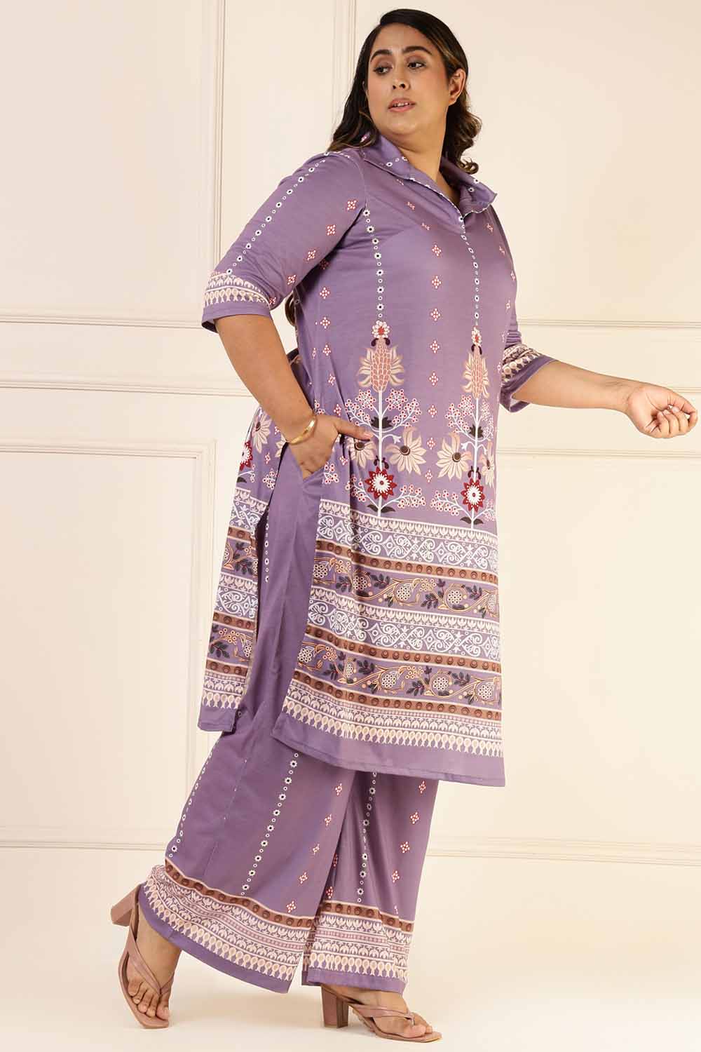 Plus Size Lilac Ethnic Print Coord Set for Women