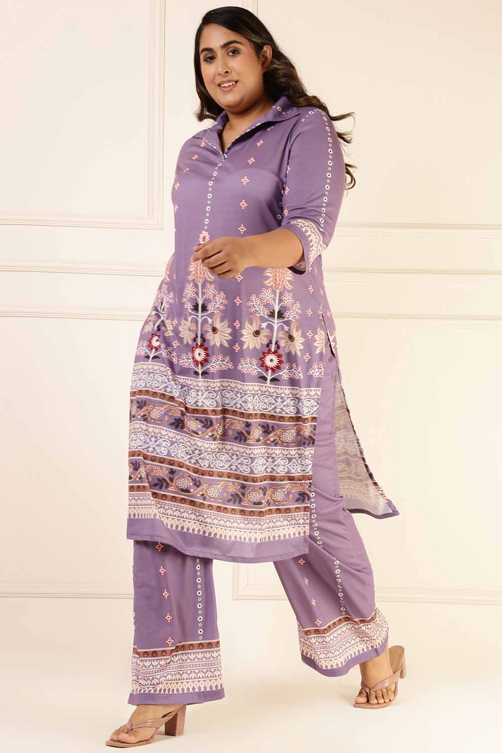 Comfortable Plus Size Lilac Ethnic Print Coord Set