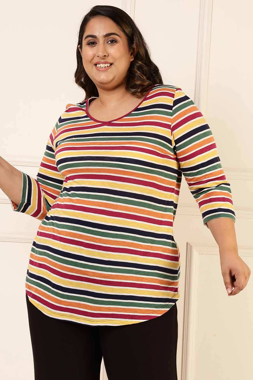 Plus Size Multi Color Stripes Cotton Tshirt