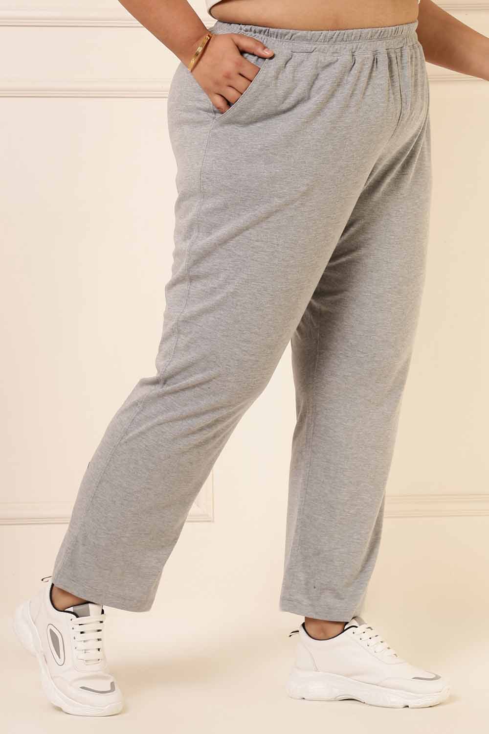 Plus Size Grey Cotton Track Pants for Women