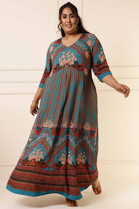 Plus Size Red Teal Blue Printed Anarkali Dress