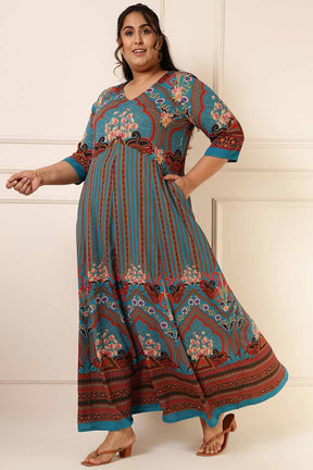 Plus Size Red Teal Blue Printed Anarkali Dress