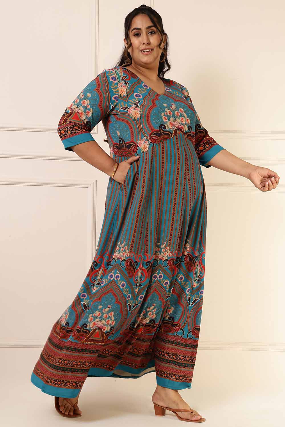 Plus Size Red Teal Blue Printed Anarkali Dress for Women