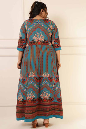 Plus Size Red Teal Blue Printed Anarkali Dress