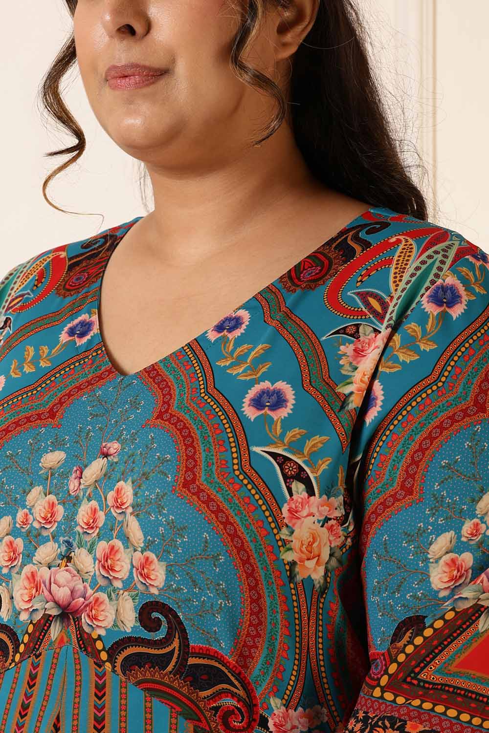 Comfortable Plus Size Red Teal Blue Printed Anarkali Dress