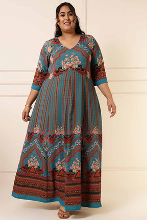 Plus Size Red Teal Blue Printed Anarkali Dress