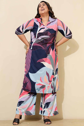 Plus Size Pink Blue Print Co-ord Set