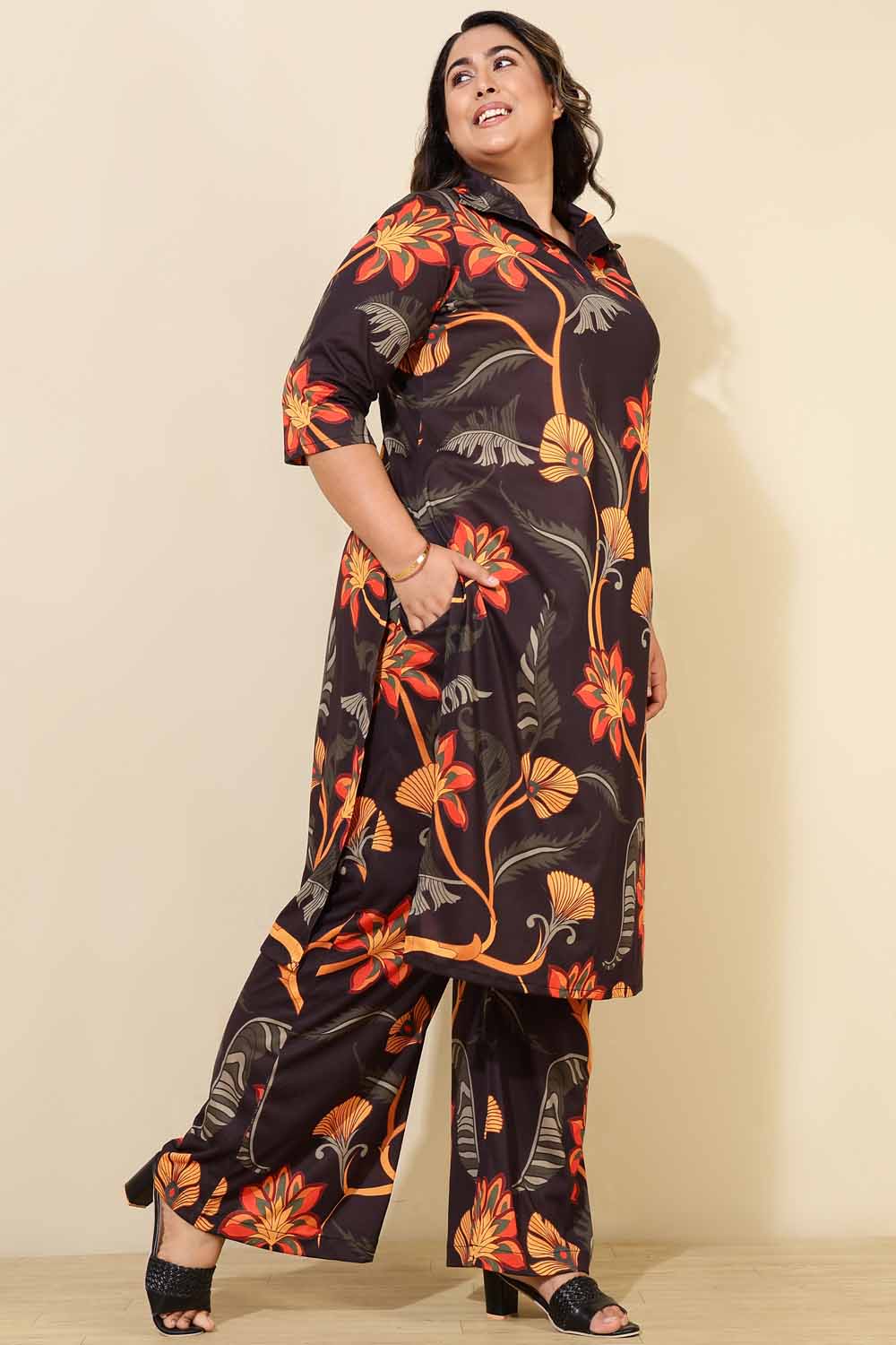 Plus Size Black Floral Co-ord Set for Women