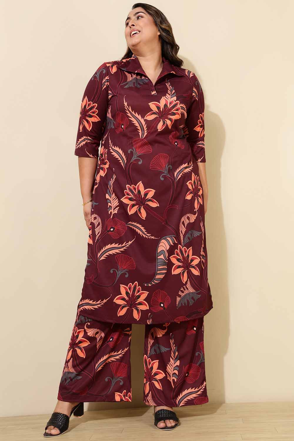 Plus Size Maroon Floral Co-ord Set
