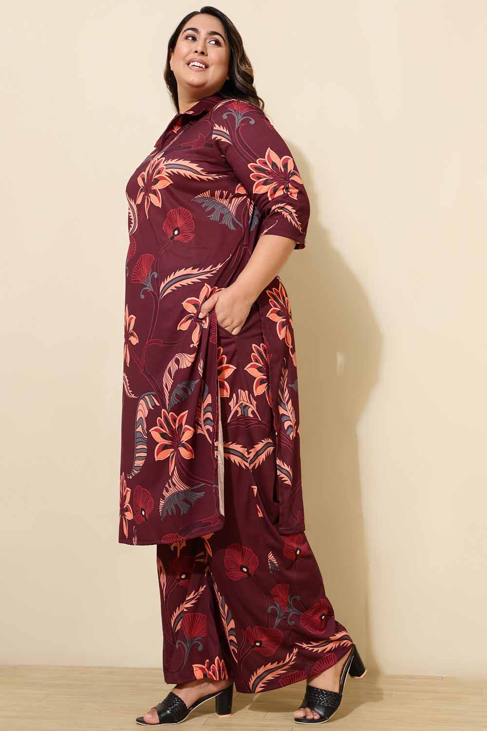 Plus Size Plus Size Maroon Floral Co-ord Set