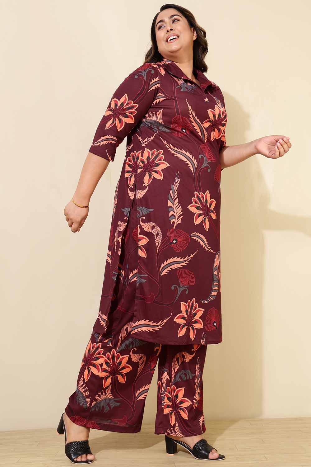 Plus Size Maroon Floral Co-ord Set for Women