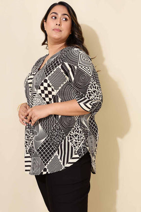 Plus Size Black White Geometric Print Centre Pleat Top