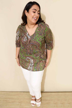 Plus Size Green Paisley Print Centre Pleat Top