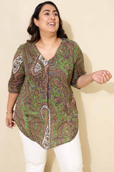 Plus Size Green Paisley Print Centre Pleat Top