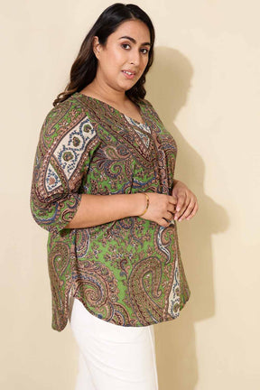 Plus Size Green Paisley Print Centre Pleat Top