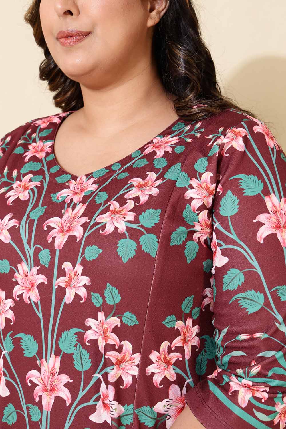 Plus Size Maroon Green Floral A Line Dress for Women