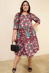 Plus Size Maroon Green Floral A Line Dress