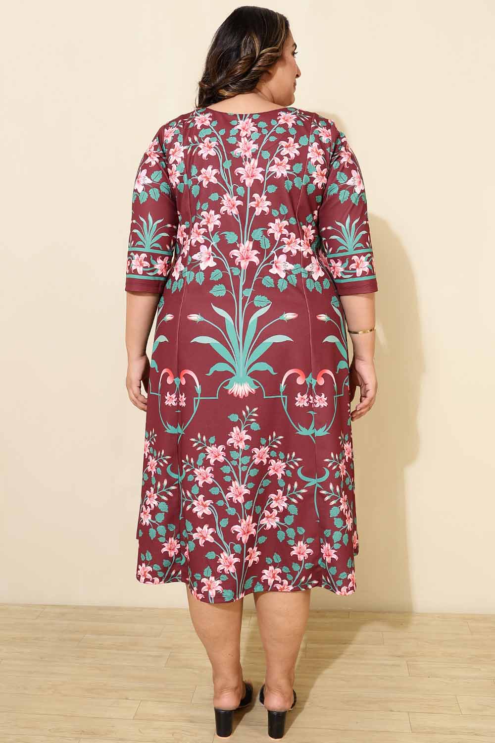 Plus Size Maroon Green Floral A Line Dress