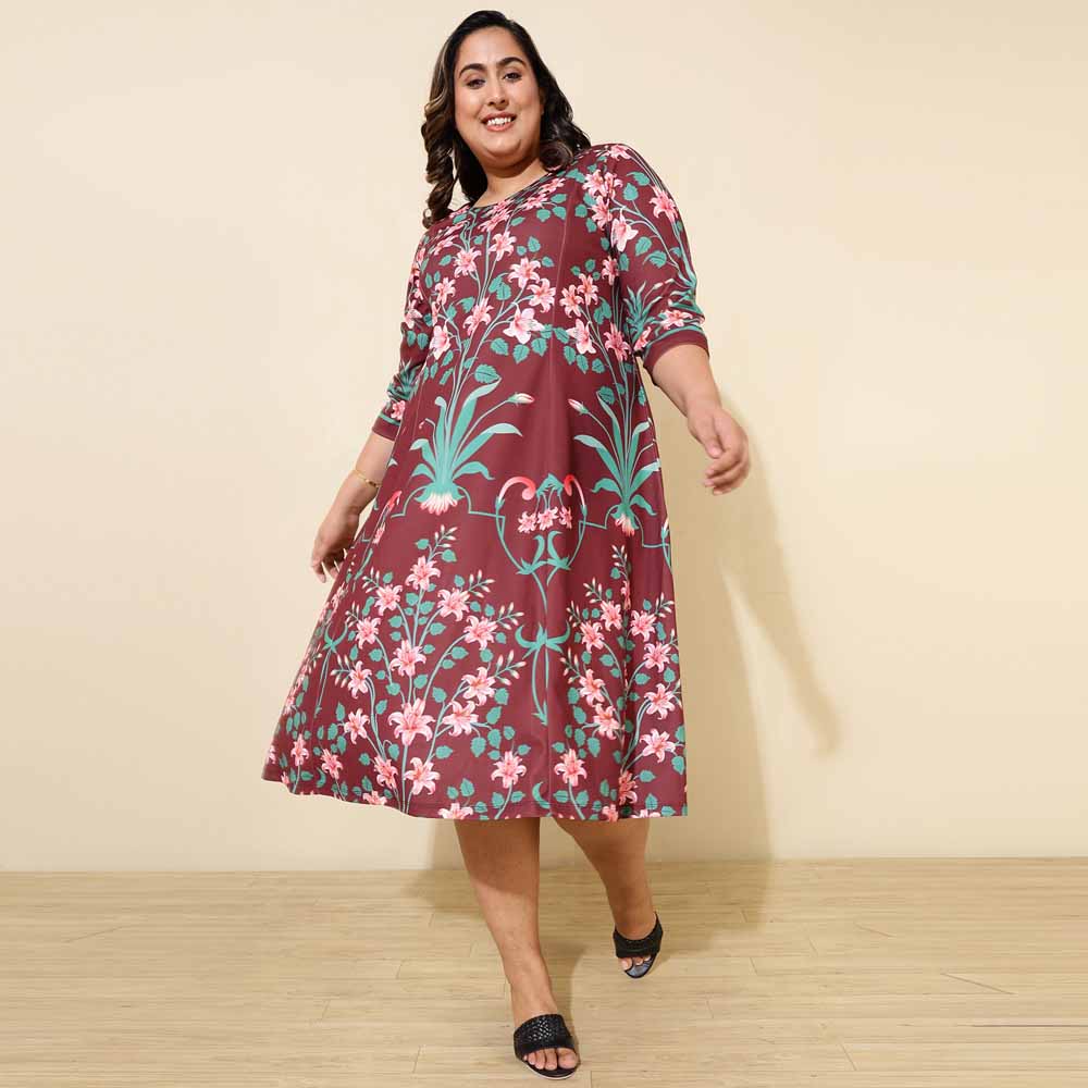 Plus Size Maroon Green Floral A Line Dress