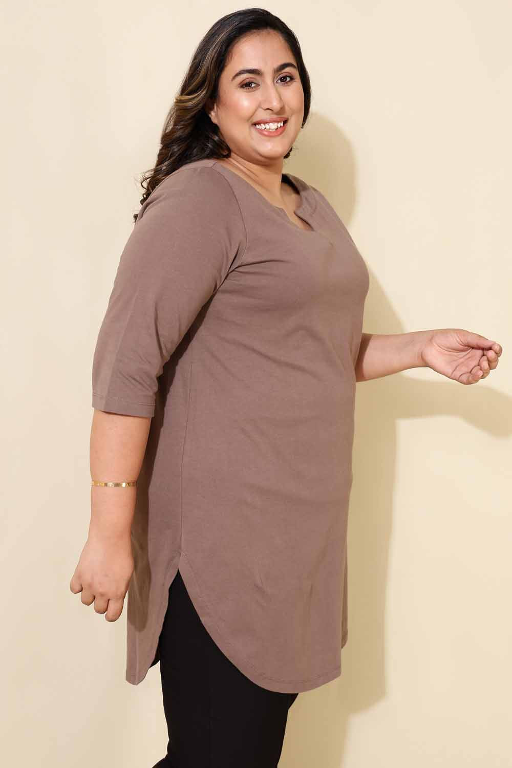 Comfortable Plus Size Brown Longline T-shirt