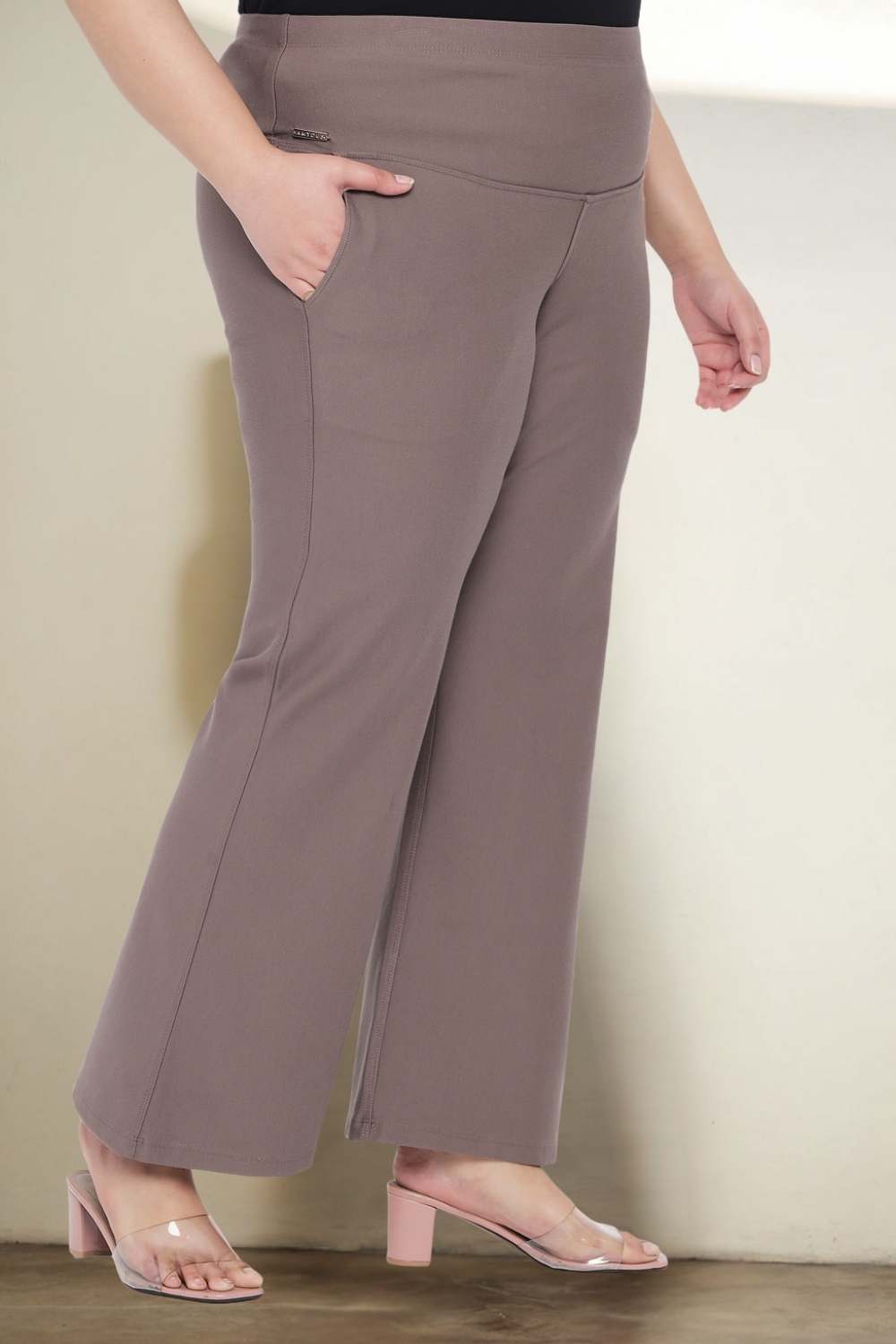 Plus Size Brownish Grey Tummy Shaper Flare Pants