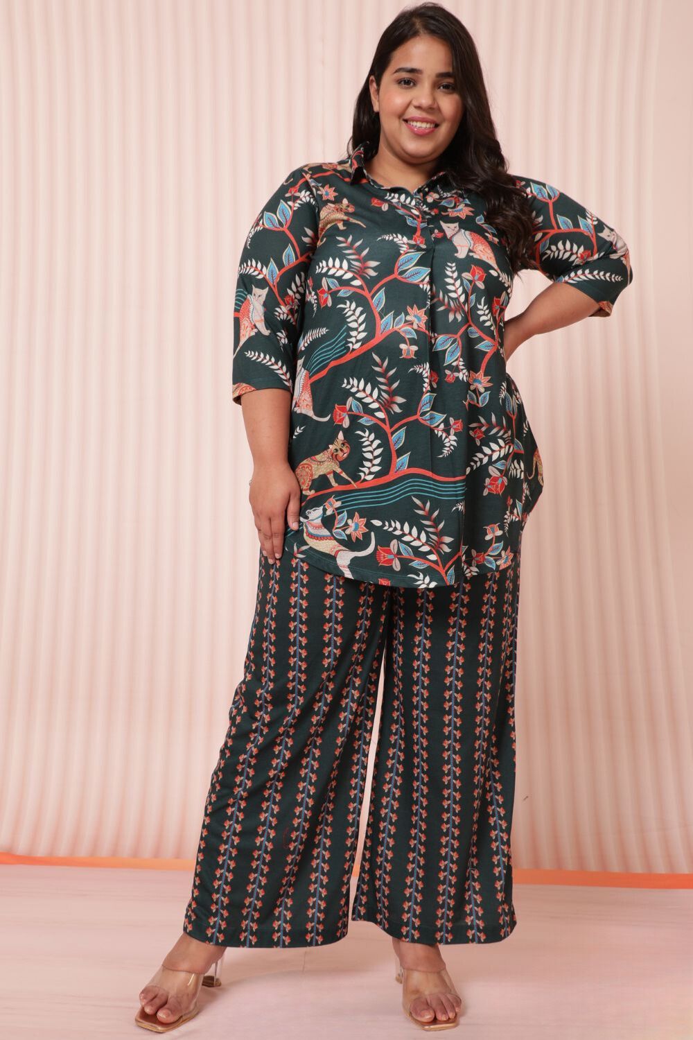 Plus Size Green Ethnic Printed Coord Set