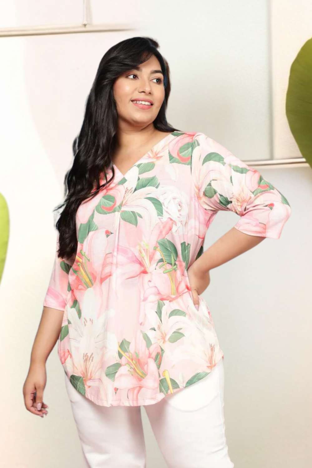 Plus Size Light Pink Floral Centre Pleat Top