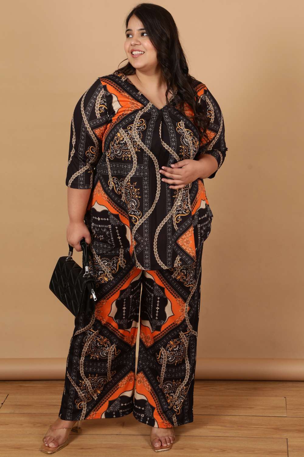 Plus Size Plus Size Black Baroque Printed Coord Set