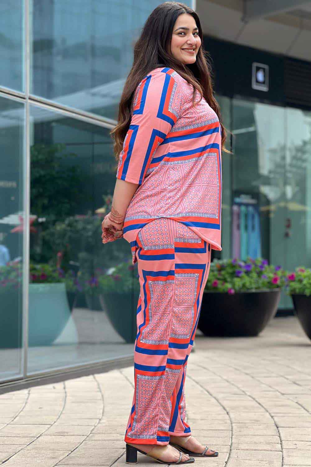 Plus Size Pink Blue Geometric Coord Set for Women