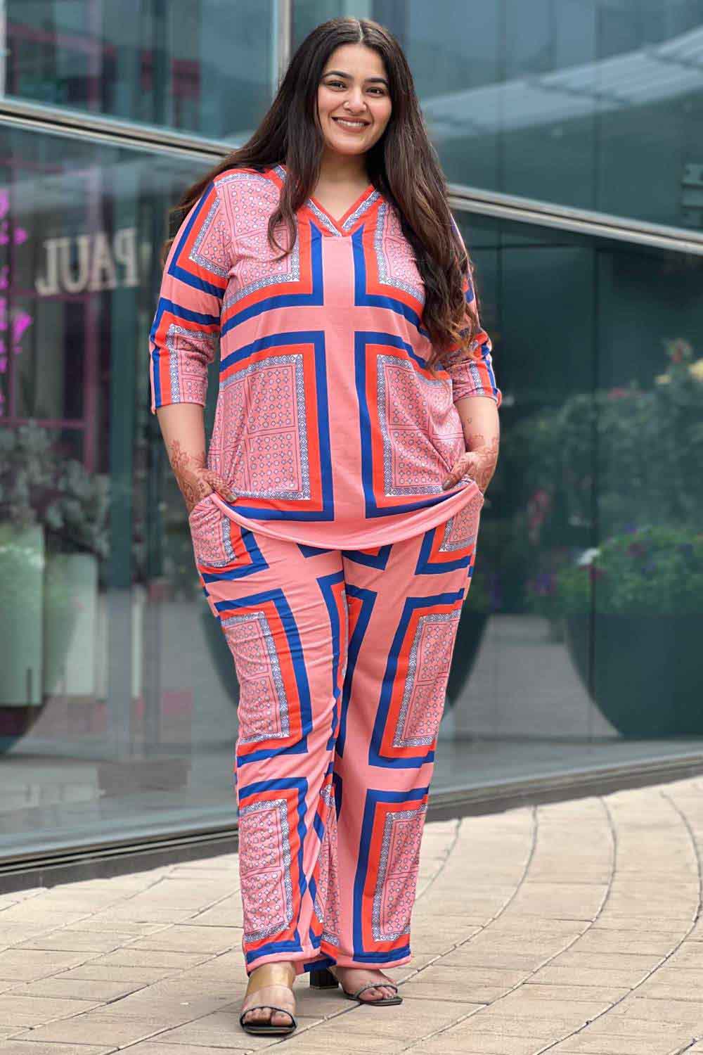 Plus Size Plus Size Pink Blue Geometric Coord Set