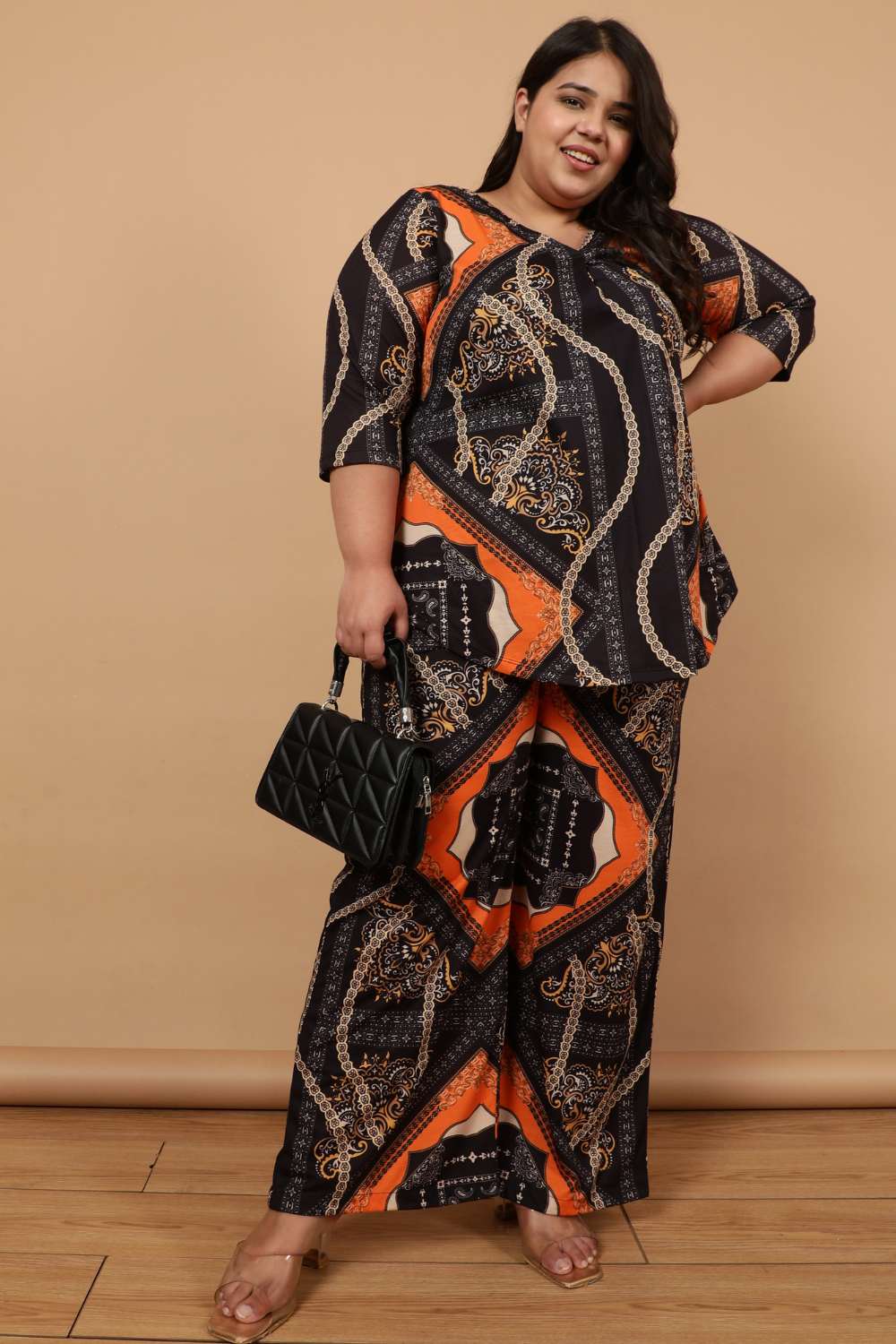 Plus Size Black Baroque Printed Coord Set