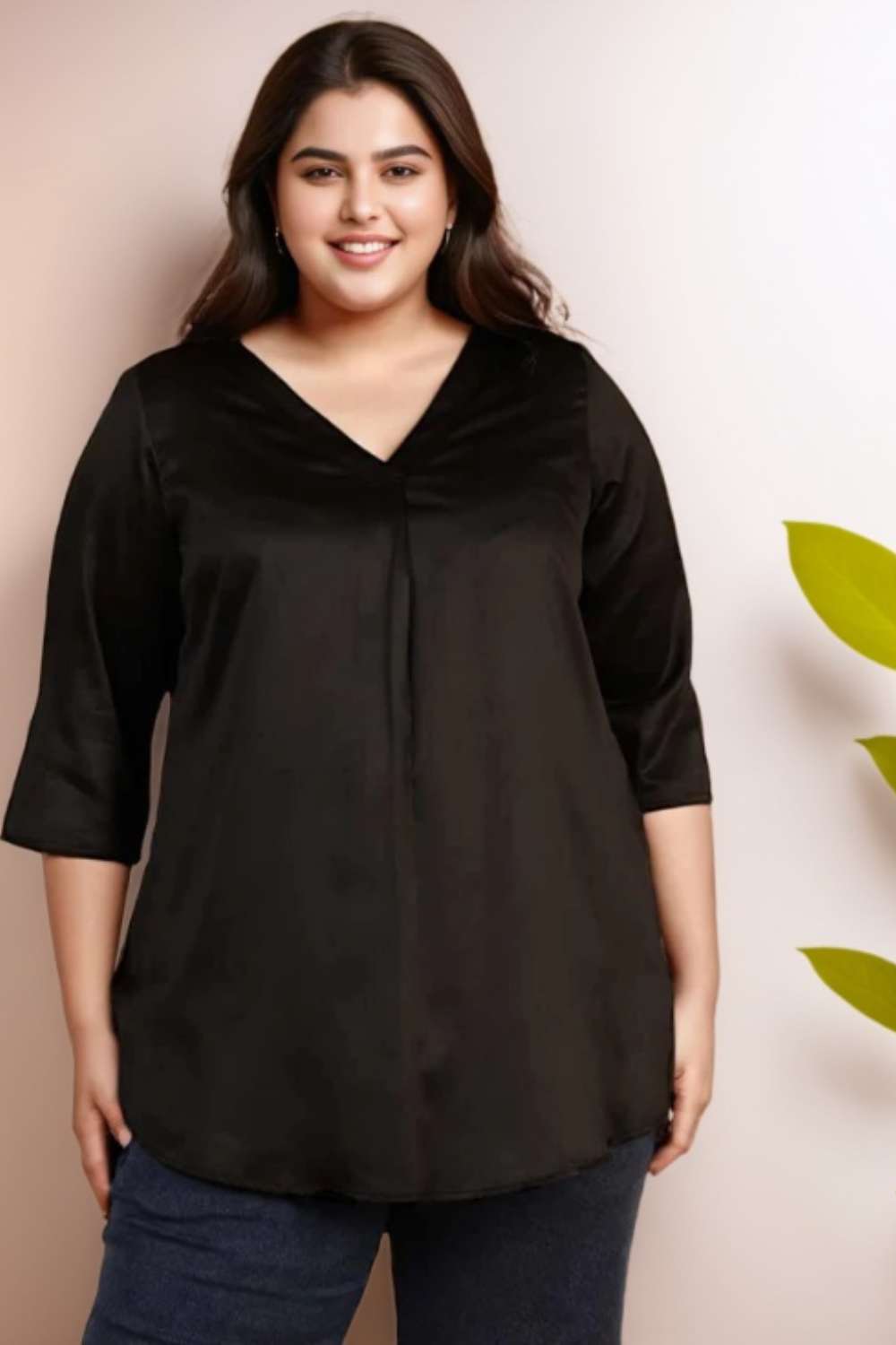 Plus Size Black Satin Centre Pleat Top