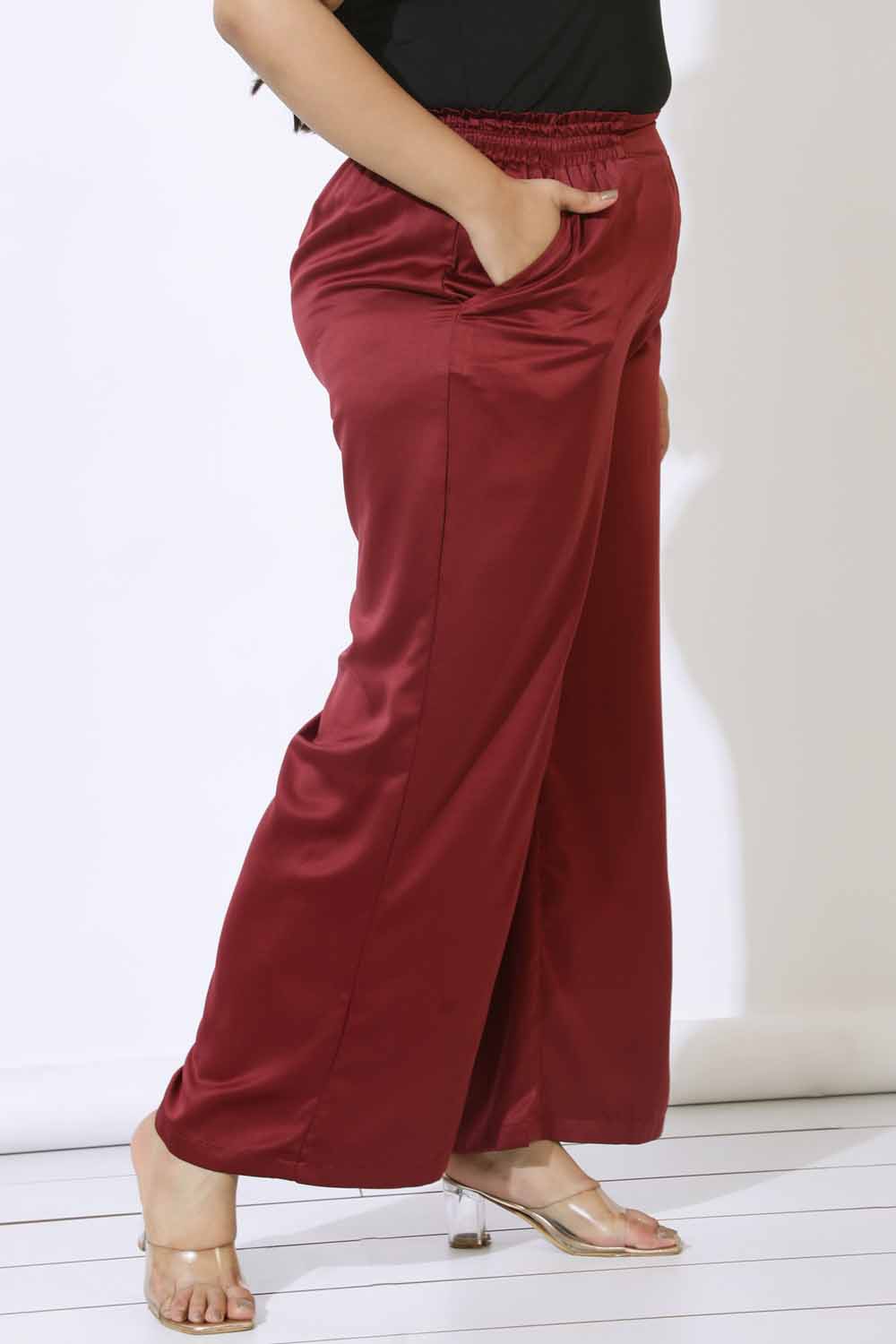 Plus Size Maroon Satin High Waist Pants for Women