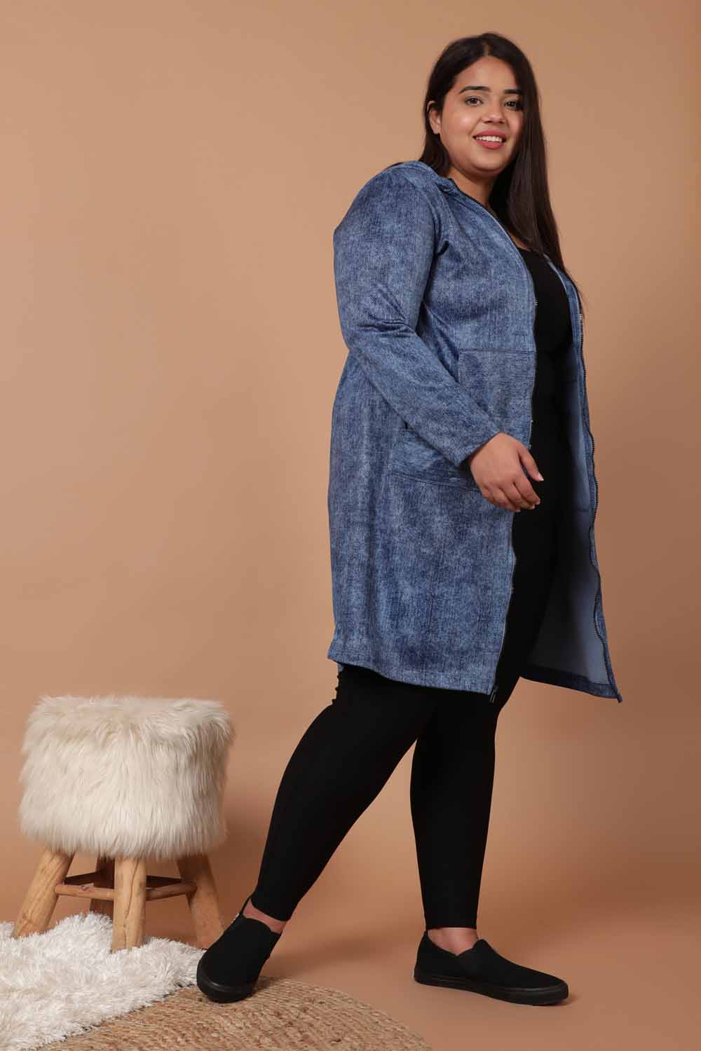 Plus Size Cold Denim Wash Printed Jacket Dress for Women