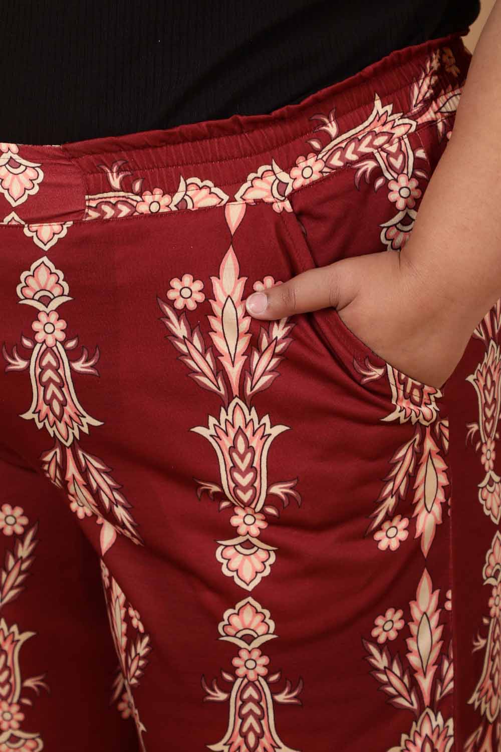 Plus Size Maroon Luxe Ethnic Print Coord Set for Women