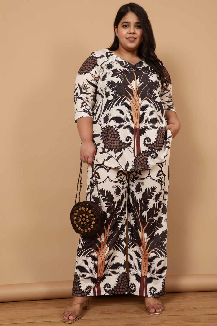 Plus Size Off White Placement Printed Coord Set