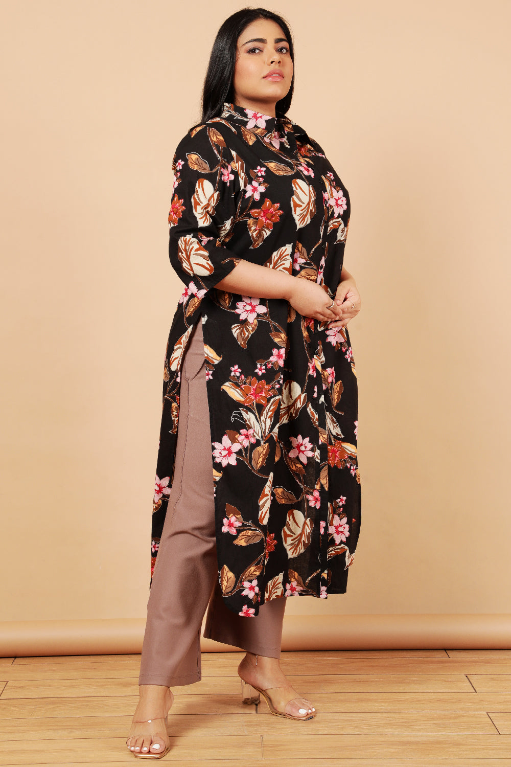 Comfortable Plus Size Black Floral Print Cotton Kurta Shrug