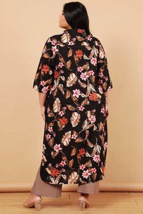 Plus Size Black Floral Print Cotton Kurta Shrug