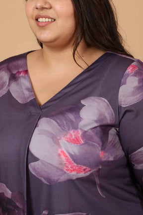 Plus Size Purple Floral Printed Centre Pleat Top