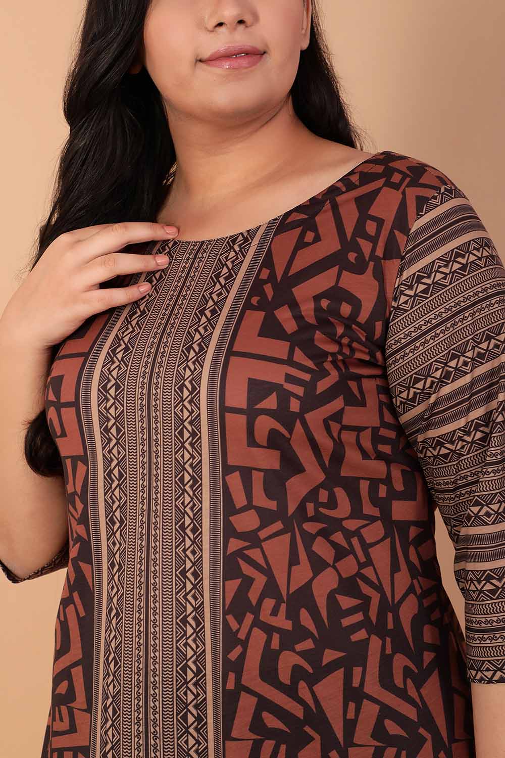 Plus Size Brown Geometric Printed Kurta