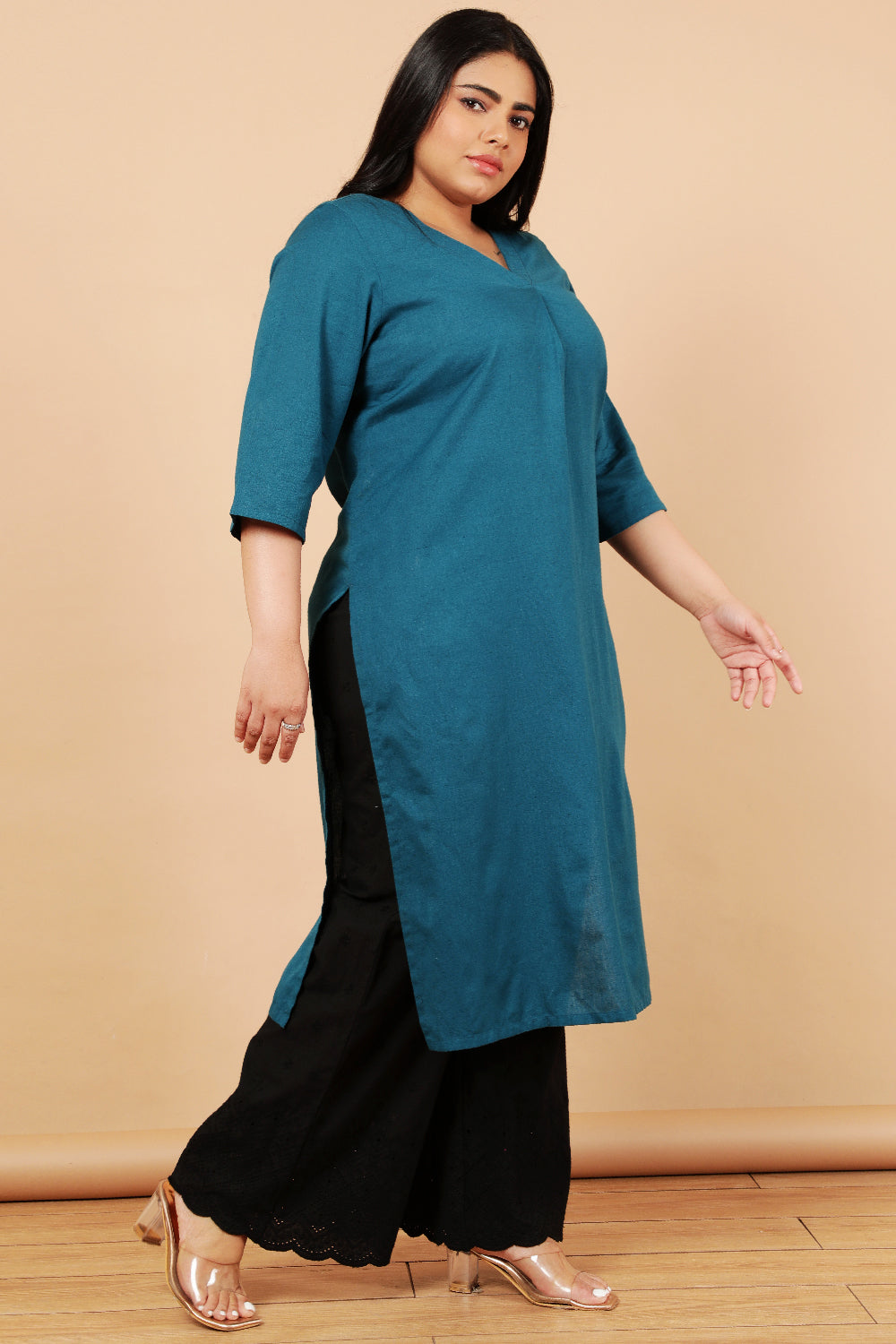 Teal Cotton Linen V Neck Centre Pleat Kurti for Women