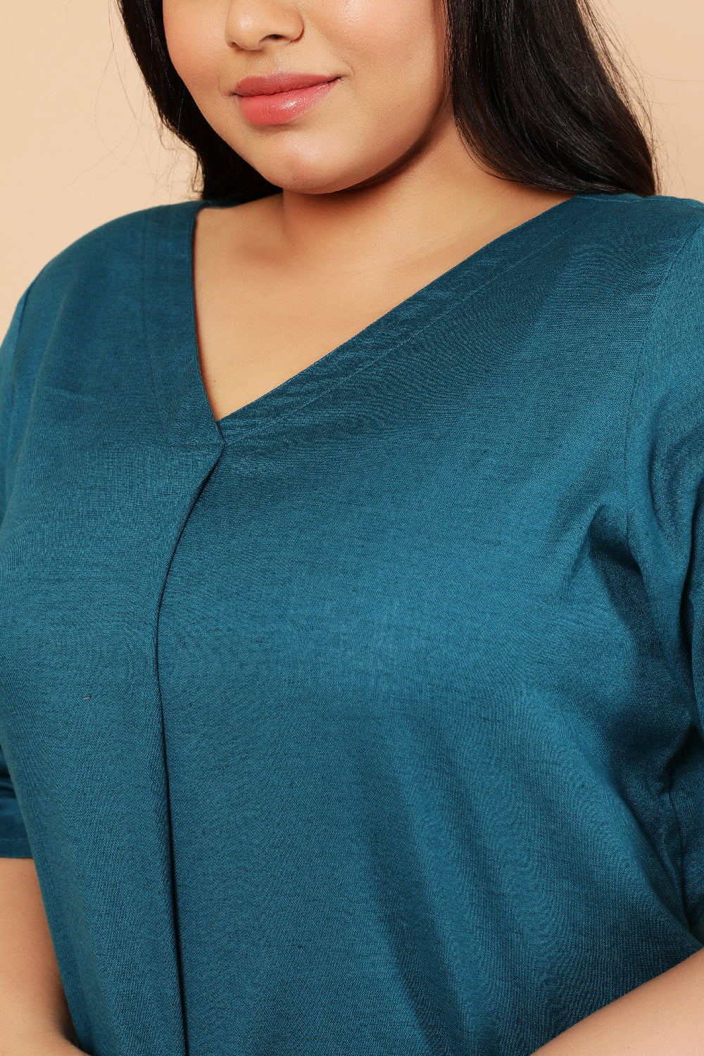 Plus Size Teal Cotton Linen V Neck Centre Pleat Kurti