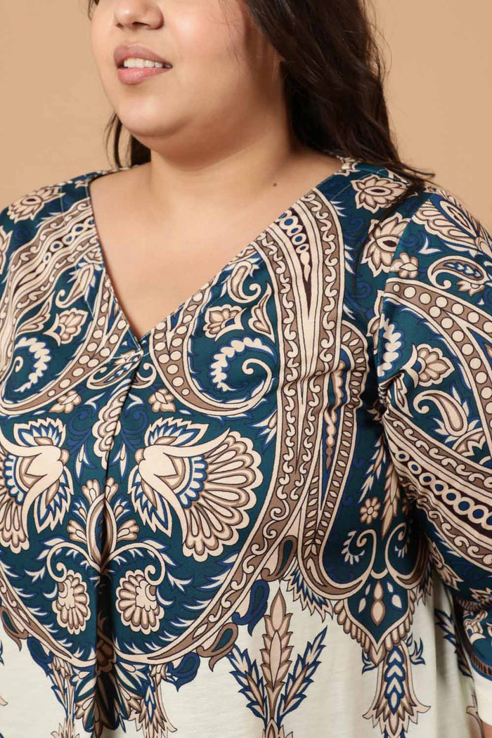 Plus Size Cream Luxe Ethnic Print Coord Set for Women