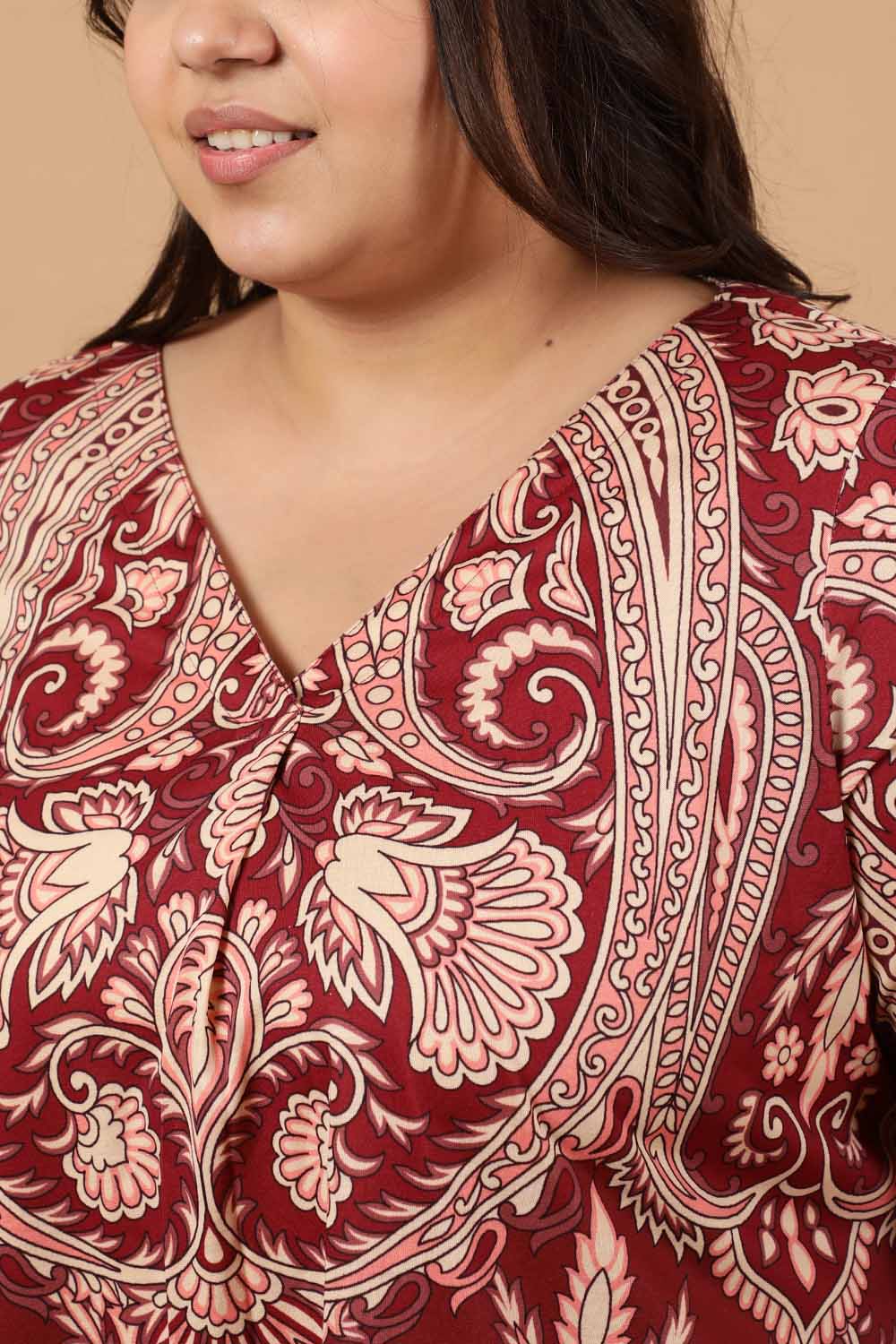 Comfortable Plus Size Maroon Luxe Ethnic Print Coord Set