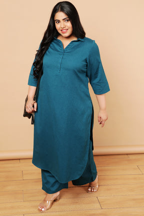 Teal Cotton Linen V Neck Centre Pleat Kurti