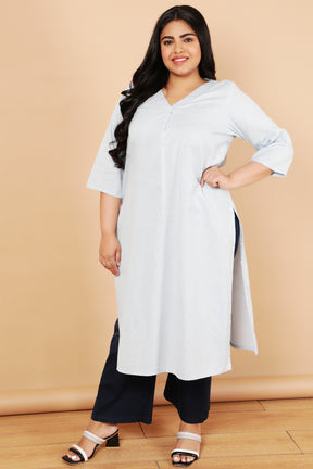 Sky Blue Cotton Linen V Neck Centre Pleat Kurti