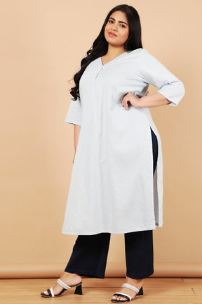 Sky Blue Cotton Linen V Neck Centre Pleat Kurti